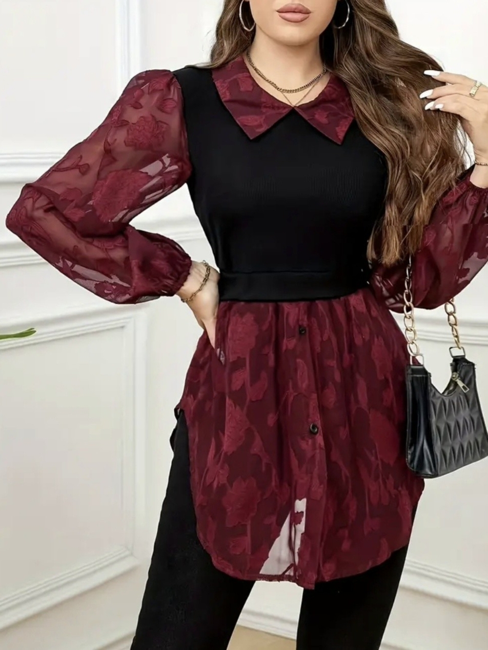 Black & Burgundy Floral Collared Layered Dress Top
